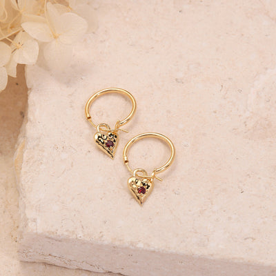 Love Heart Garnet Hoops 14K Gold