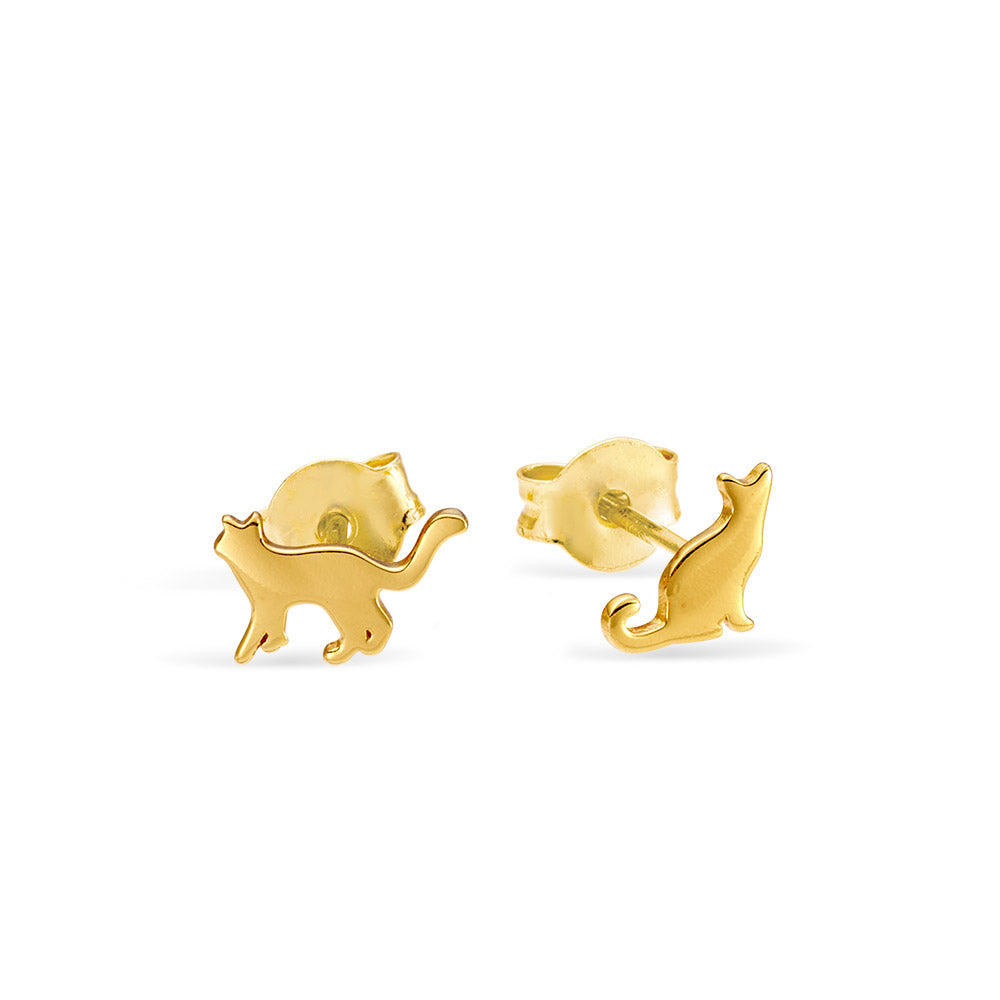 A pair of stud earrings with a cat standing up and a cat sitting down. Made in gold vermeil