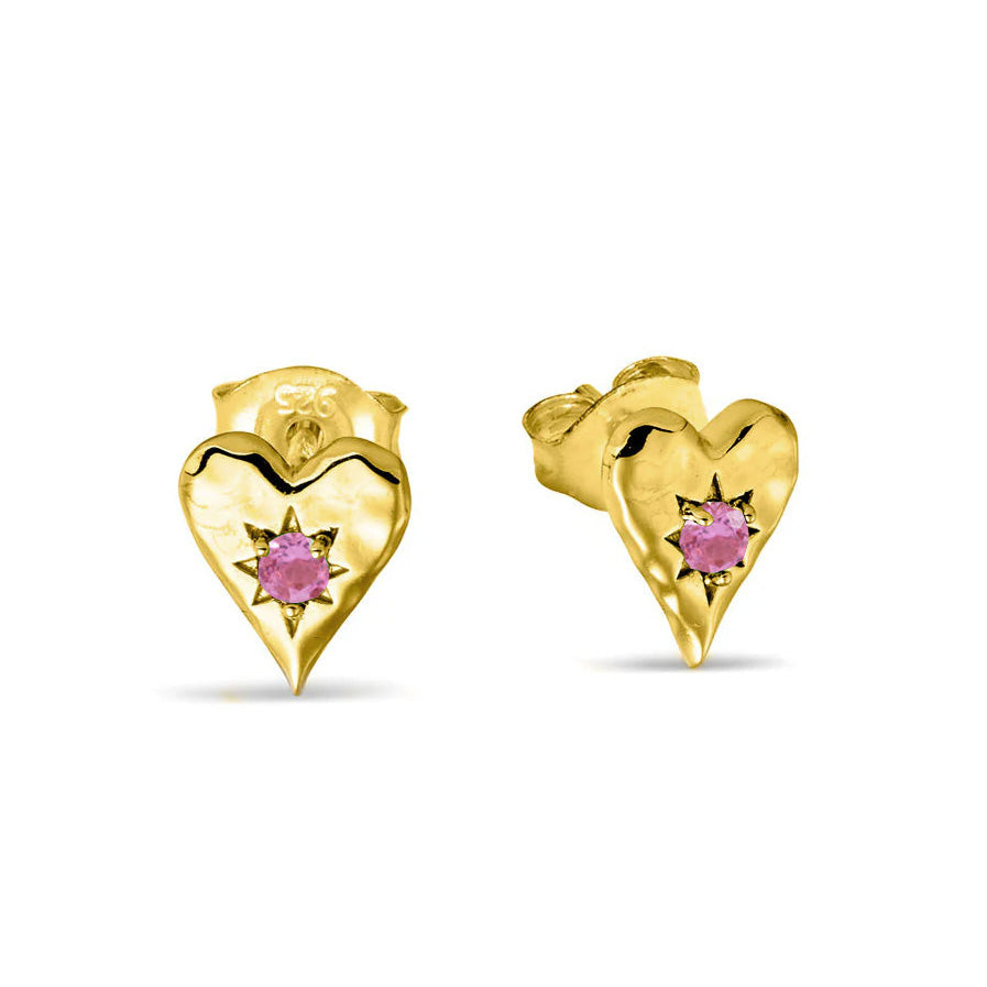 Love Heart Pink Tourmaline Gold Studs