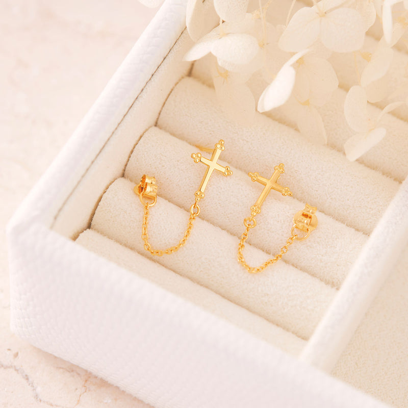 Cross And Chain Studs Gold